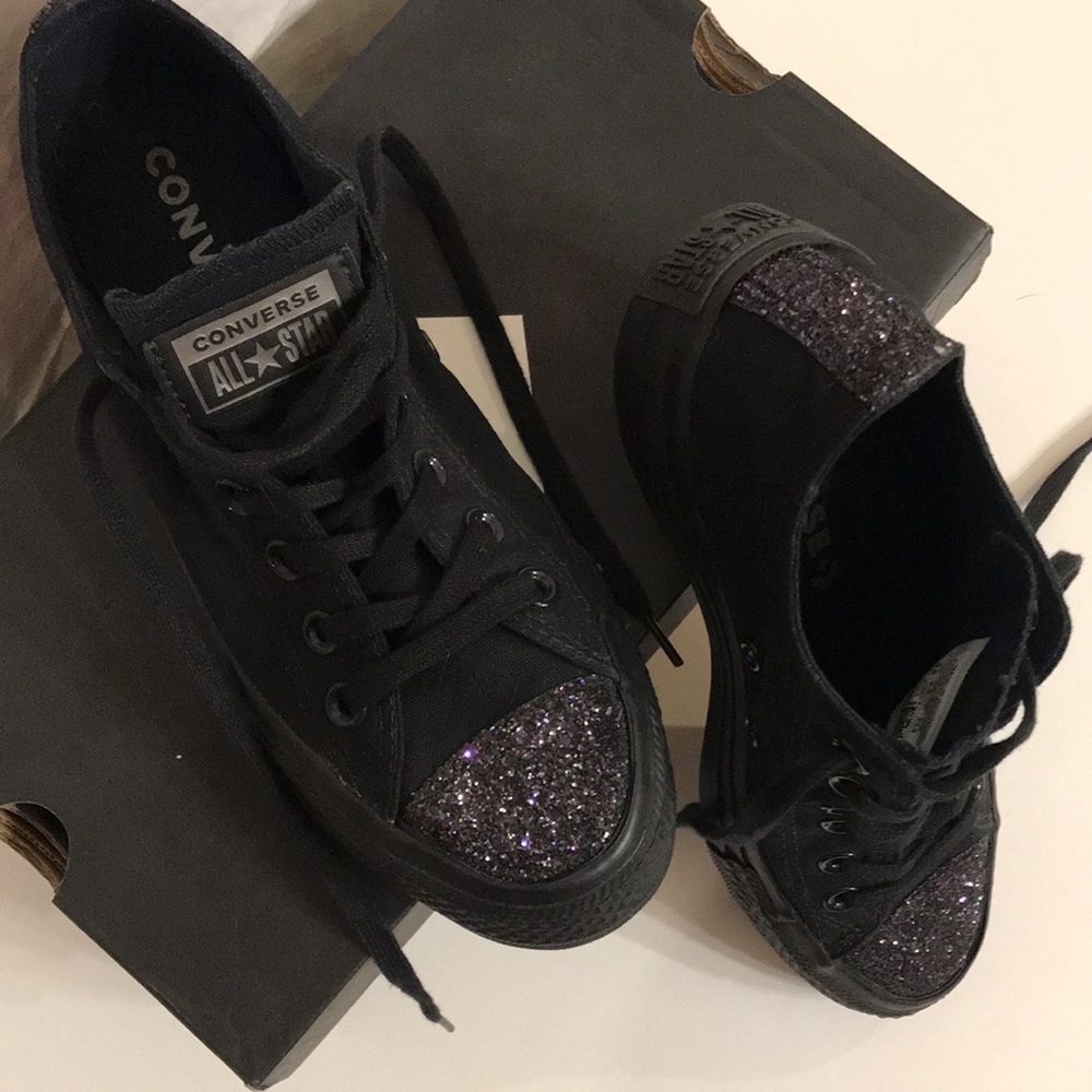 Converse shoes. Black w/ glitter accents. Worn once. In original box.